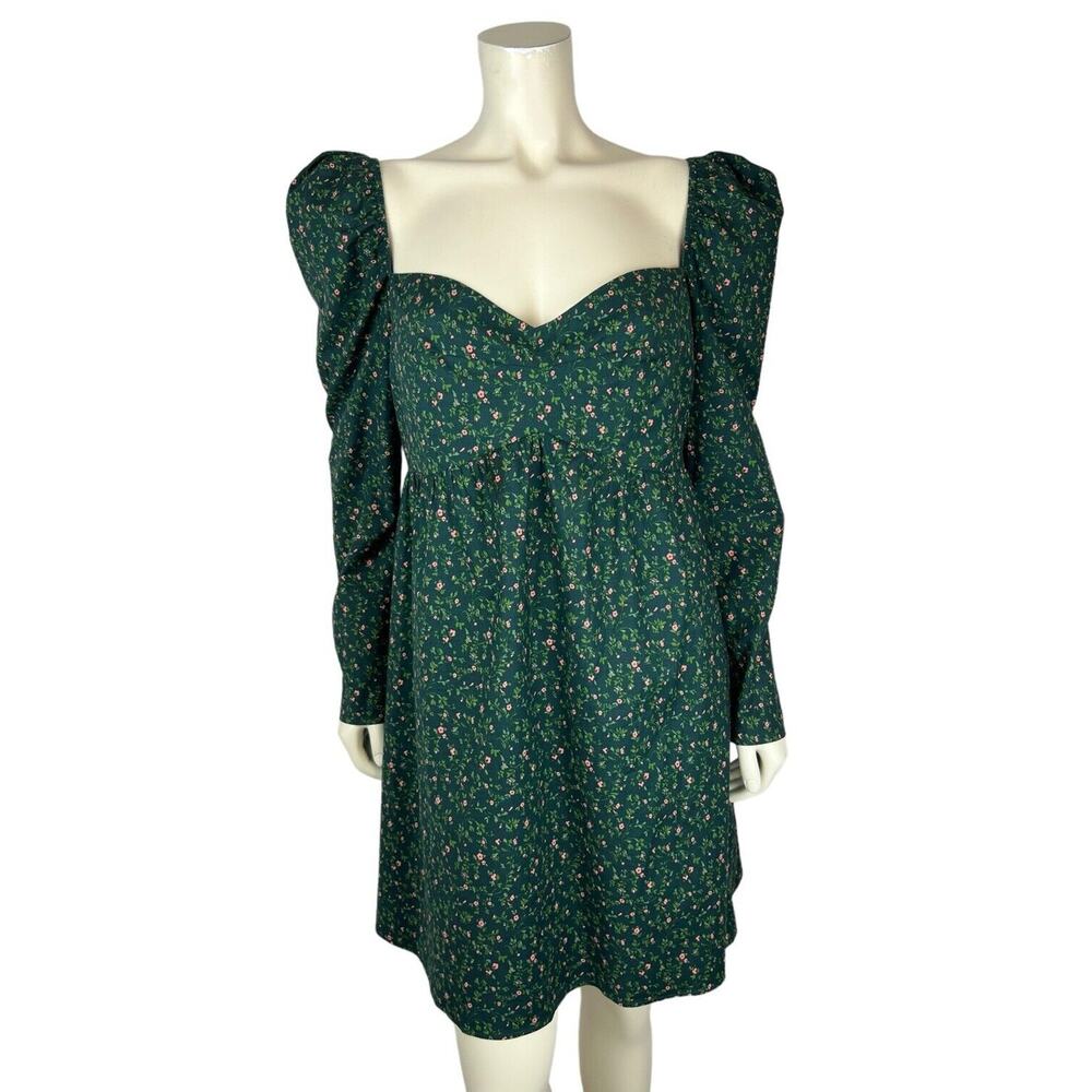 Reformation Green Floral Print Kenzi Dress Size 12 Puff Sleeve Babydoll Mini